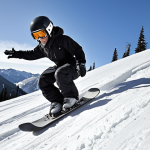 **Falling Practice:** Snowboarder safely falling sideways on a gentle slope, wearing full protective gear (helmet, wrist guards, padding), knees bent, arms protecting the chest, looking ahead, beginner slope in the background.