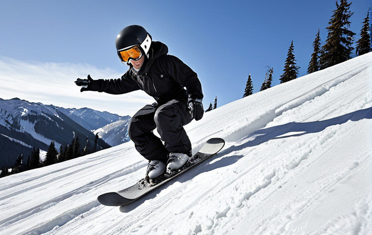 **Falling Practice:** Snowboarder safely falling sideways on a gentle slope, wearing full protective gear (helmet, wrist guards, padding), knees bent, arms protecting the chest, looking ahead, beginner slope in the background.